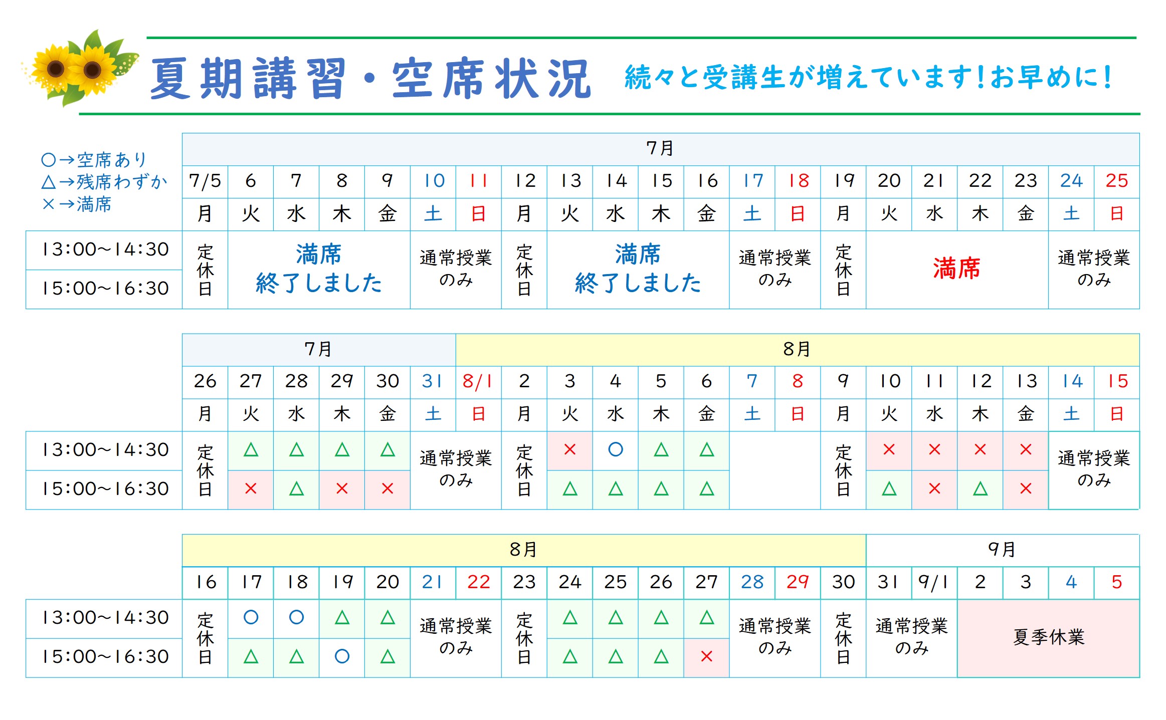 つばさ英語塾 英語専門塾の夏期講習2021 コース・日程(空席状況)